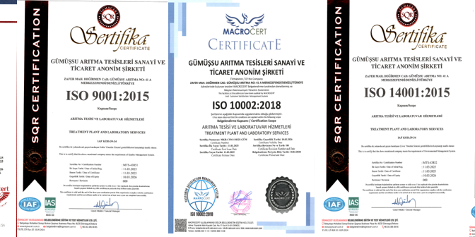 50001-2018, 9001-2015, 10002-2018, 14001-2018, 45001-2018 Sertifikalarımız
